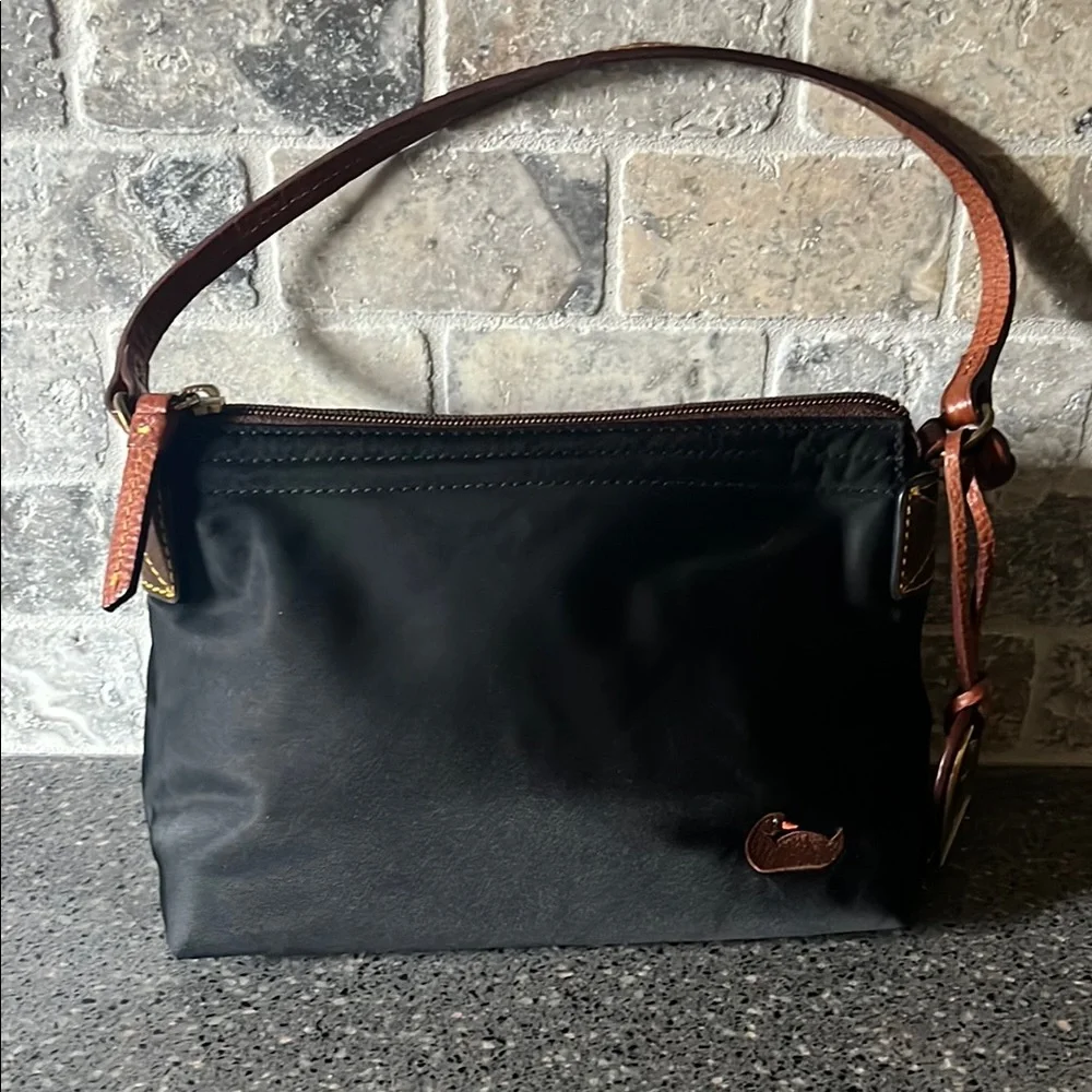 Dooney & Bourke Black Handbag with Brown Leather Strap and Hot Pink Interior - Picture 2 of 16